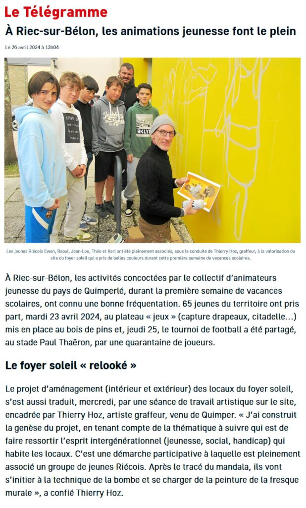 Fresque graffiti au Foyer Soleil de Riec-sur-Bélon. Article du Télégramme 26/04/2024